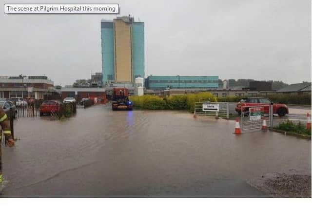Pilgrim Hospital's car park and boiler room were both flooded today. Fire crews have been on scene pumping the water out.