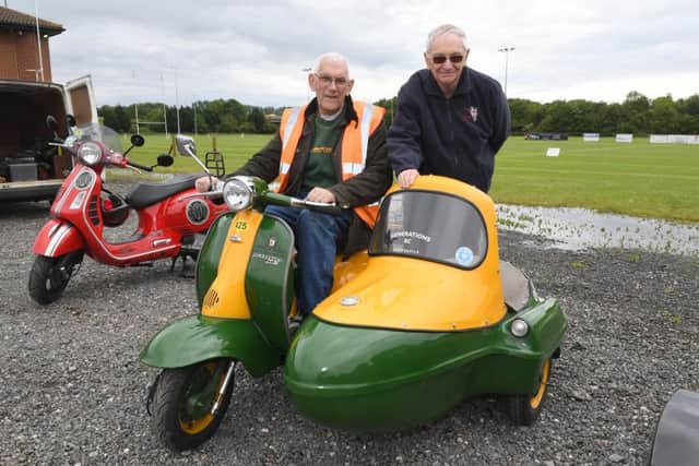 Three-day scooter rally and Sleaford Rugby Club. L-R David Brown of Lincoln with his 1959 Lambretta, Roy Workman of Sleaford. EMN-190617-105554001