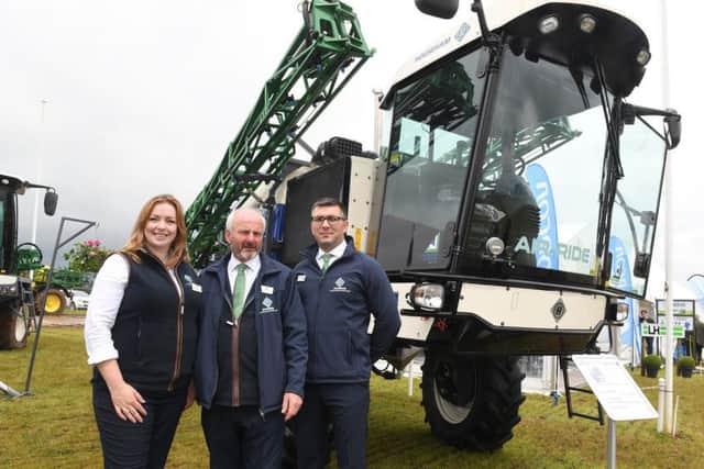Cereals 2019 at Boothby Graffoe. L-R Danielle Pole, Robert Willey and Andrei Botnari of Howseham sprayers, Woodhall. EMN-190613-092245001