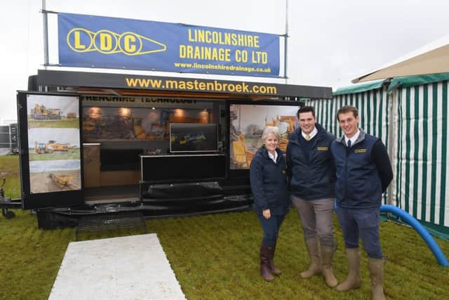 Cereals 2019 at Boothby Graffoe. L-R Anne Tunnard, George Firth and Sam Firth of Lincolnshire Drainage Co Ltd, Boston. EMN-190613-091445001