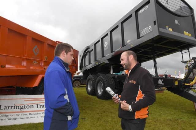 Cereals 2019 at Boothby Graffoe. L-R Ryan Coates talking to Simon Baxter of Larrington Trailers, Boston EMN-190613-092841001