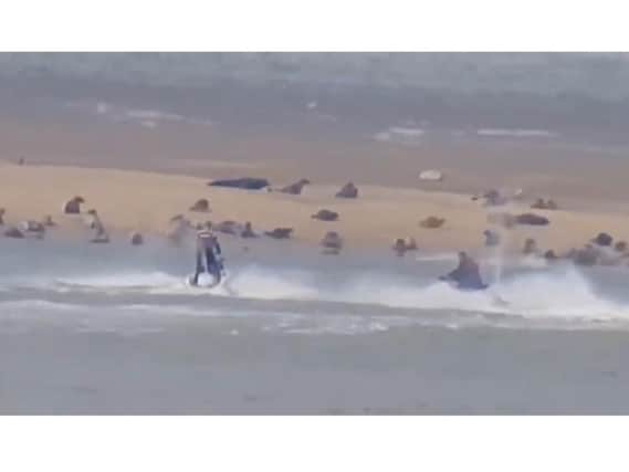 The three people on jet skis racing around the seal colony at Gibraltar Point, Skegness.