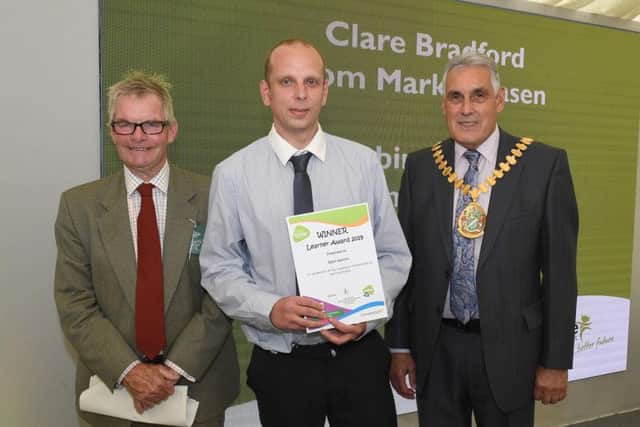 Lincolnshire Show. Lincolnshire County Council, Inspirational Learners awards, presented by leader of LCC Martin Hill (left) and chairman of LCC Tony Bridges (right). Robin Aldrich of Boston