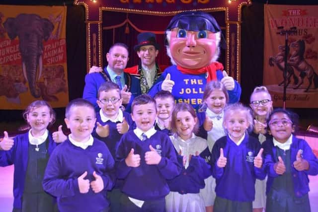 Skegness Junor Academy with Mayor Coun mark Dannatt and the Jolly Fisherman.