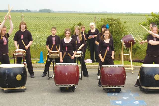Kakushigei Taiko drummers from William Lovell School, Stickney, 10 years ago.