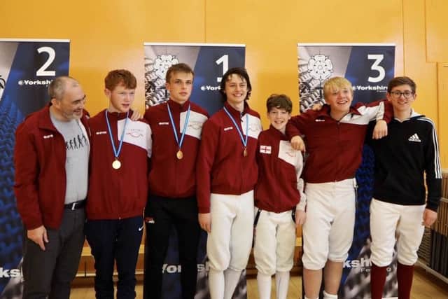 Louth Fencing Club at the Yorkshire Team Foil, from left, Stephen Blair, Sam Blair, William Lonsdale, Archie Broughton, Joe Blair, Ben Crick and Tom Funnell. EMN-190407-160037002