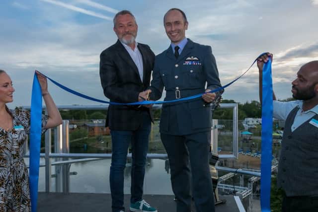 Carl Castledine is pictured with RAF Coningsby BBMF Squadron Leader Mark Discombe