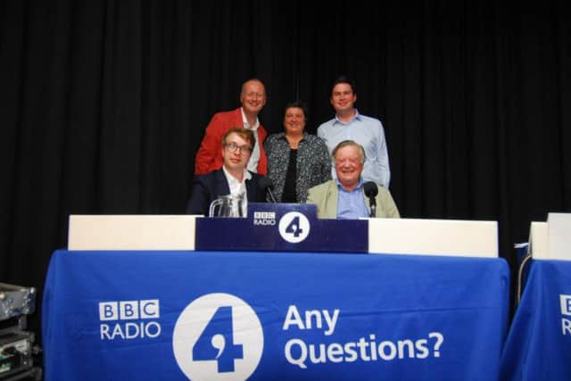 The Any Questions panellists with Radio 4 presenter Shaun Ley on stage at Great Hale's Hale Magna village hall.