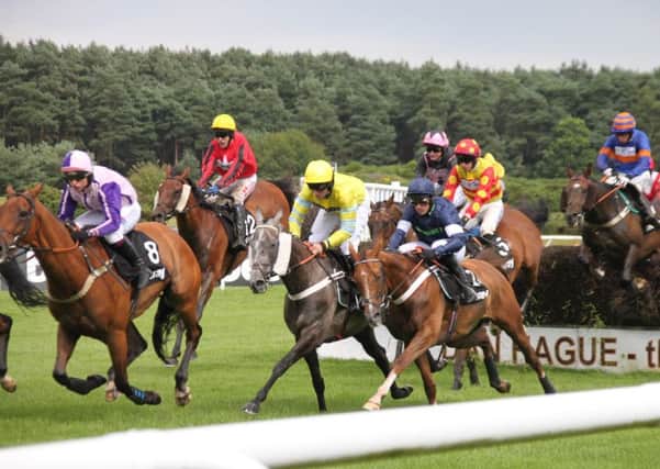 The field clear a fence in the feature Betway Summer Plate Handicap Chase. Picture:  Peter Thompson EMN-190722-093818002