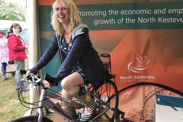 Pedal powered smoothie maker on the NKDC stand. EMN-190723-170216001