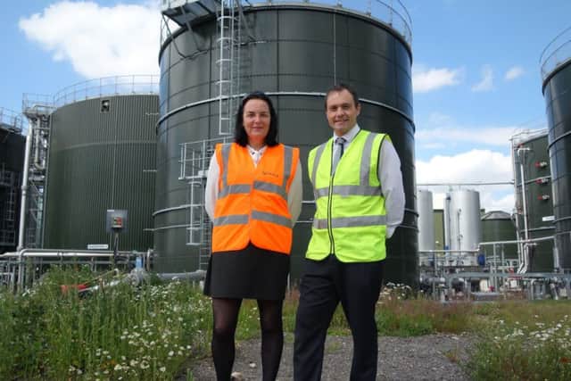 Angela OConnor, area sales executive at Veolia with Nigel Tindall, operations manager at The Elite Fish and Chip Company, at the biogas plant.