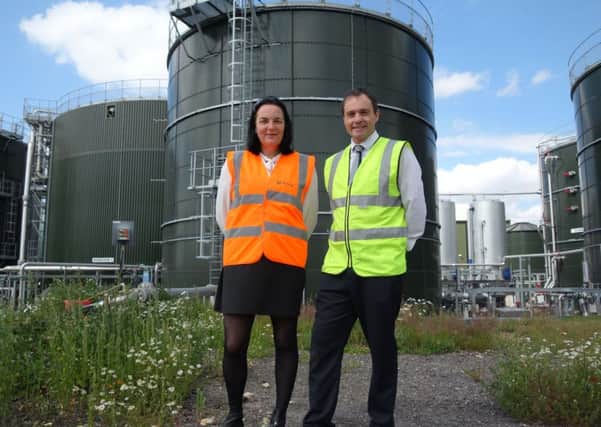 Angela OConnor, area sales executive at Veolia with Nigel Tindall, operations manager at The Elite Fish and Chip Company, at the biogas plant.