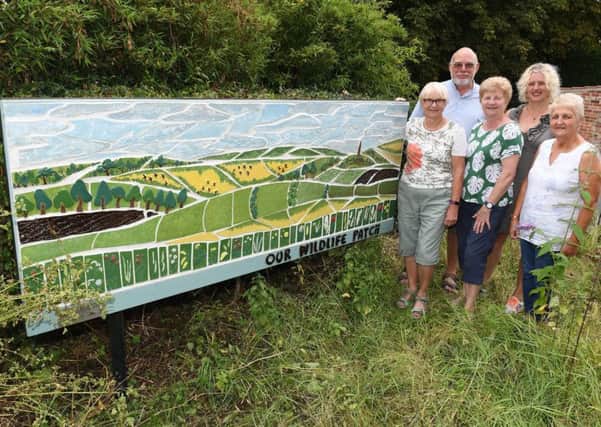 Official opening of a ceramic mosaic at Leasingham Village Hall. L-R Ann Buttery, Neill Murray who installed the mosaic, Joan Newton, Marion Sander - programme manager for NCCD/ArtsNK, Vanessa Major. EMN-190730-103047001