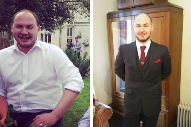 David Mason, pictured before and after his eight stone weightloss. Images supplied.