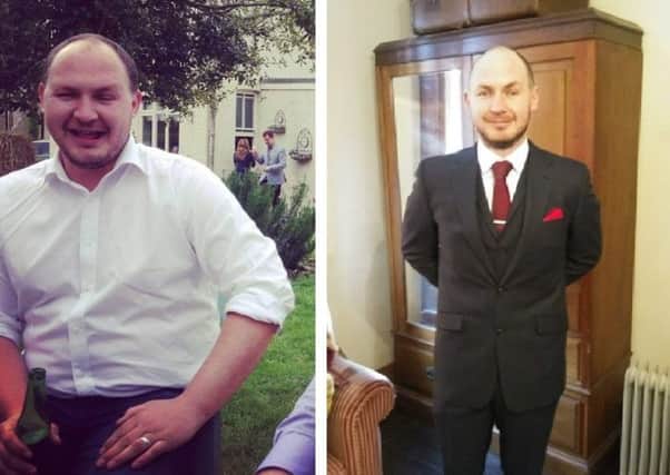 David Mason, pictured before and after his eight stone weightloss. Images supplied.