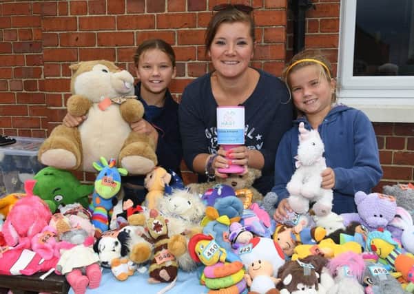 Charity fun day at Red Lion, Ruskington, for Hollies Animal Rehoming Trust. L-R Lottie Riley 10, Aggy Riley, Matilda Riley 7 running a Teddy Bear Tombola. EMN-190209-103248001