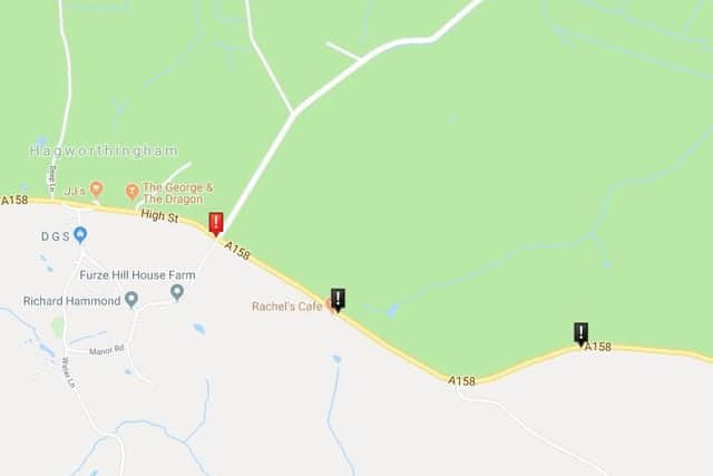 There have been 2 fatal RTCs and 1 serious RTC reported on this road between Horncastle and Spilsby in the past five years. Image: Google maps.