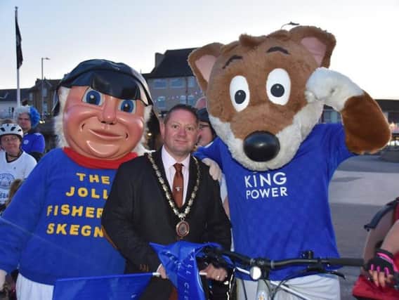 Mayor Coun Mark Dannatt and the Jolly Fishermen welcome  Filbert Fox, Leicester City's beloved Club mascot, to Skegness. Photo: Barry Robinson.