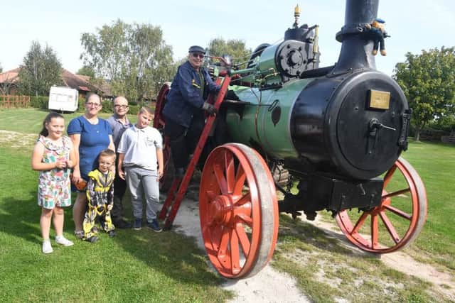 Heritage Open Day at Church Farm Museum, Skegness. From left,  Lily-Mai Garner-Jones 7, Emma Garner-Jones, George Garner-Jones 4, Stewart Garner-Jones, Cade Cooling 9, Stan Garner-Jones. ANL-190916-131236001