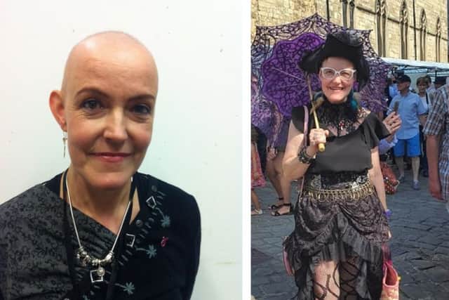 Claire Walker, from Sleaford, pictured during her cancer treatment, left, and after she was given the 'all clear'. Images supplied.