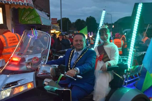 Skegness Mayor Coun Mark Dannatt was lucky enough to ride in the Skegness Light Parade. Photo: Barry Robinson.
