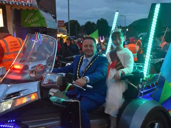Skegness Mayor Coun Mark Dannatt was lucky enough to ride in the Skegness Light Parade. Photo: Barry Robinson.