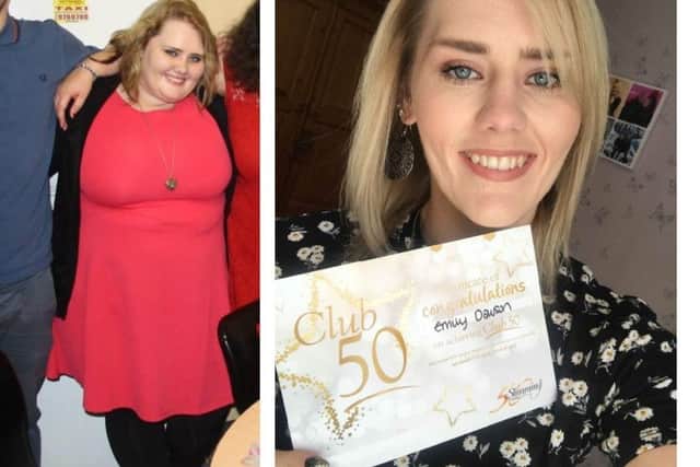 Emily Dawson pictured before her 12 stone weightloss, left, and after - with her Club 50 award. Images supplied.