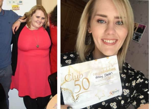 Emily Dawson pictured before her 12 stone weightloss, left, and after - with her Club 50 award. Images supplied.