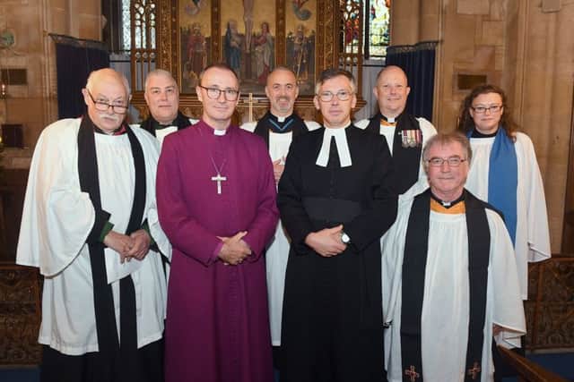 Licensing of The Reverend Philip Johnson as Rural Dean of Lafford,  at St Deny's Church, Sleaford. L-R Nigel Panting, Steve Holt, Bishop of Grantham Nicholas Chamberlain, Neil Knox, Rev Philip Johnson, David Norfield, Chris Harrington, Corinna Langridge. EMN-190710-171542001