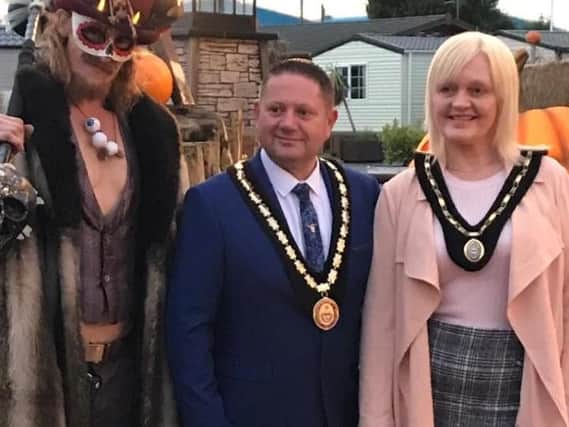 Mayor of Skegness Coun Mark Dannatt with Mayoress Louise Saxon and one of the characters at Fear Island