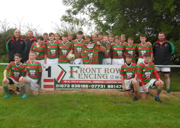 Market Rasen RFC Under 15s with Charlie Wright of new kit sponsors Front Row Fencing EMN-191021-144606002