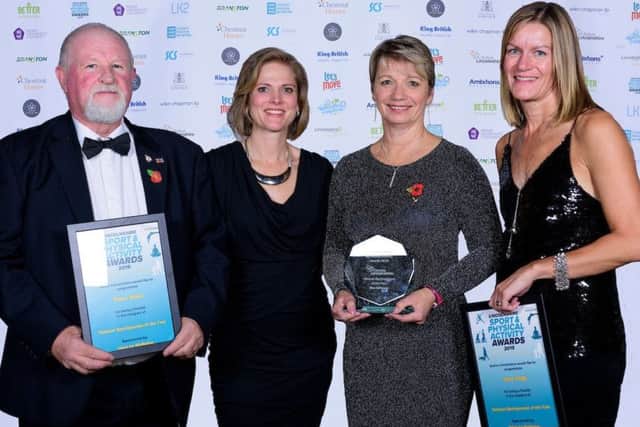 Bev Johnson (second right) was Veteran Sportsperson of the Year, while Louth and District Archery Club's Pete Shaw, represented by chairman Rick Smith (left) was a finalist.
Picture: Chris Vaughan Photography for Active Lincolnshire EMN-191118-094408002