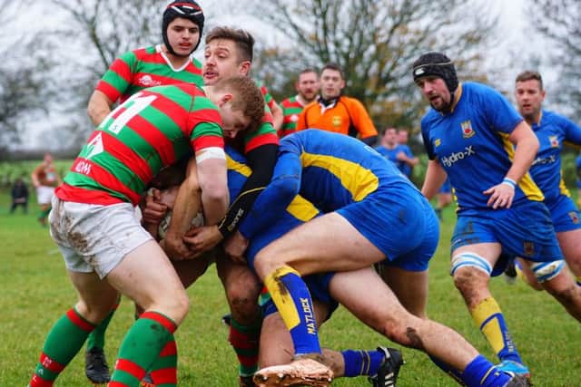 Adam Goodwin and try scorer Ben Young combine to blunt Matlock's power game. Picture: Jon Staves EMN-191118-122519002