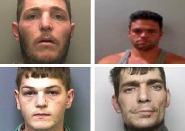 The four jailed men (clockwise from top-left) are Alan Pearson, Thomas Boswell, Jordan Herring and Ashley Squires.