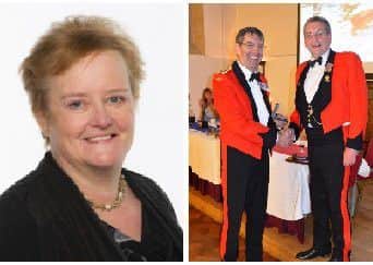 Left: Melanie Weatherley. Right: Lt Col Ray Ogg (right) pictured in 2018 receiving his 5th bar medal in recognition of 44 years with the Cadet Forces.