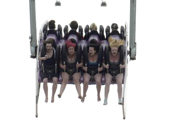 Standard reporter Rachel Grafton (left) on the 2Xtreme ride at Boston May Fair, pictured with other ride users L-R Megan Buchanan, Sophie Giddins, Sophie Leyshon.
