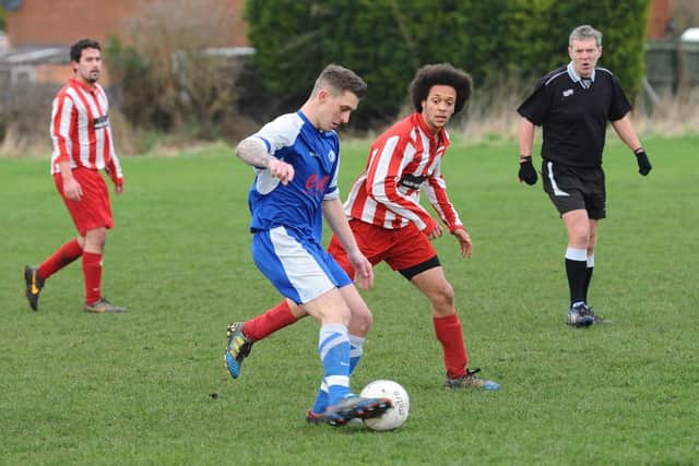 Richard Stukins is pictured on the ball during Swineshead Reserves' 2-1 victory over Spalding Harriers.