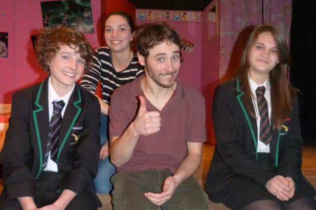 Onatti actors Claire Bergua and Romair Chateaugiron with students Jack Lambley and Ashleight Scholtz. (Lin) EMN-140324-174735001