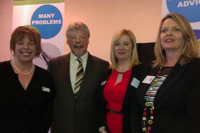 At the launch of the Lincolnshire Advice Network in Sleaford. From left - project manager Louise Thompson, Simon Weston, Michele Seddon of Age UK and Debra Lee of Sleaford and District CAB. EMN-140804-154018001