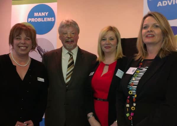 At the launch of the Lincolnshire Advice Network in Sleaford. From left - project manager Louise Thompson, Simon Weston, Michele Seddon of Age UK and Debra Lee of Sleaford and District CAB. EMN-140804-154018001