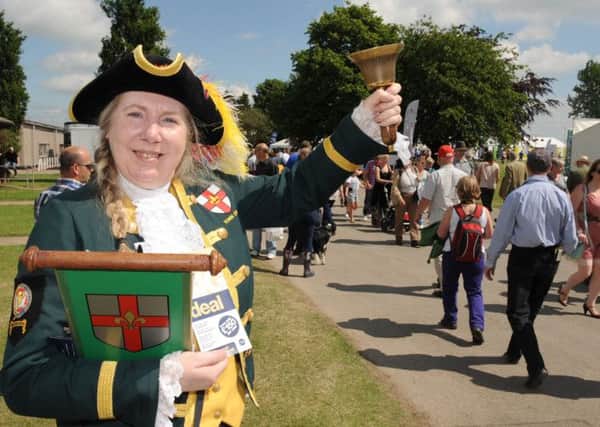 Lincoln's Town Crier Karen Crow at the Federation of small businesses stand.