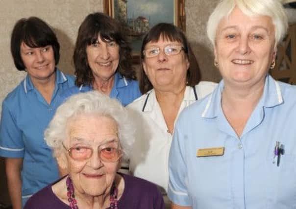 Gladys Waite of Skegness celebrating her 103rd birthday. Pictured with Westcotes Residential Home staff L-R Linda Shelly, Mavis Redfern, Jane Newbet and Sue Taylor.