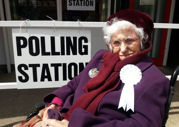 104 year-old Eunice 'Betty' Knight outside the polling station in Boston.