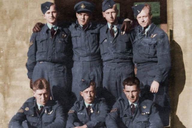 Back row, from left. Gordon Walker (Rear Gunner), Wilf De Marco (Pilot), Norman Johnston (Navigator), Jack Speers (W/Op).Front row, from left. Arthur Sharman (Bomb Aimer), Edward Norman (Mid Upper Gunner), Fred Cole (Flight Engineer)