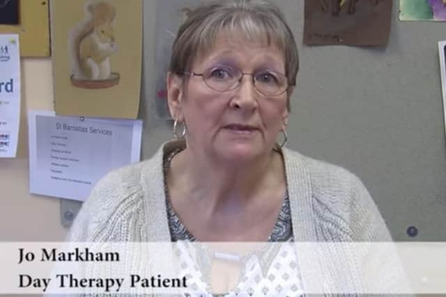 Patient Jo Markham speaking on the new video for St Barnabas Lincolnshire Hospice. EMN-151206-122857001
