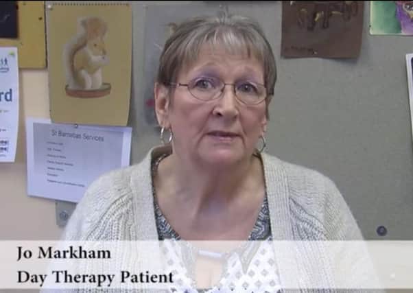 Patient Jo Markham speaking on the new video for St Barnabas Lincolnshire Hospice. EMN-151206-122857001