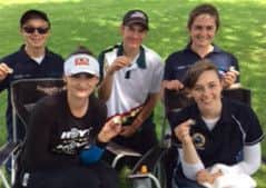 Silver Spoon Bowmen medal-winning archers (back) Louis Perkins, Alex Taylor, Amy Gott, (front) Abbie Spinks and Charlene Marsh.