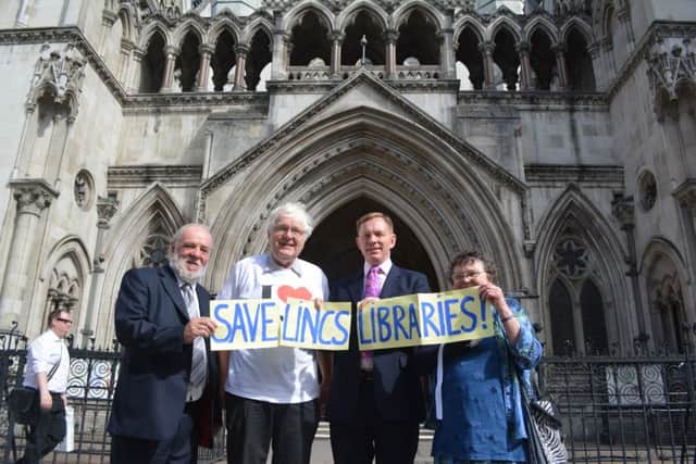 Library campaigners outside the High Court in London. From left, leader of the Labour group at Lincolnshire County Council John Hough, Labour county councillor for Deeping St James Phil Dilks, Labour's shadow minister for libraries Chris Bryant MP and Lesley Hough of Save Lincolnshire Libraries. EMN-150722-102523001