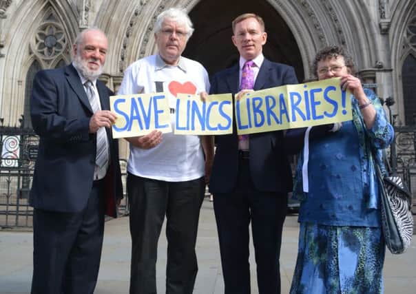 Library campaigners outside the High Court in London. From left, leader of the Labour group at Lincolnshire County Council John Hough, Labour county councillor for Deeping St James Phil Dilks, Labour's shadow minister for libraries Chris Bryant MP and Lesley Hough of Save Lincolnshire Libraries. EMN-150722-102504001