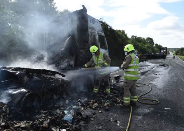 The aftermath of the lorry fire on the A1 today